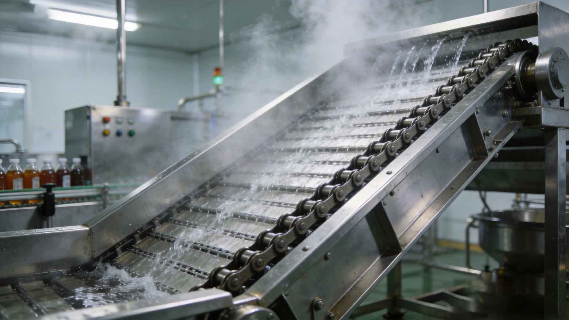 jimeng-2026-06-27-4383-食品级不锈钢耐高温爬坡输送机，饮料杀菌喷淋环境，水雾细腻，防腐链板结构，工业实景...jpg