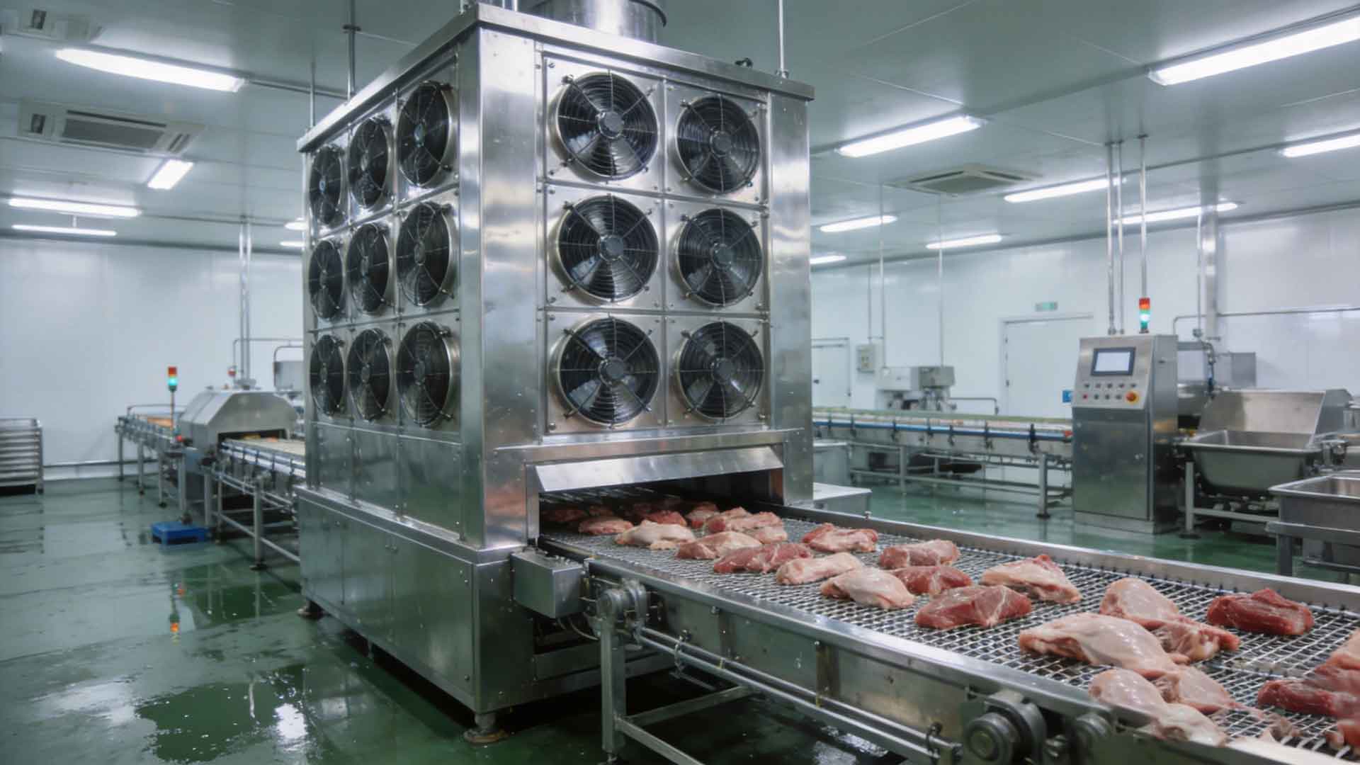 jimeng-2026-06-27-6521-标准化洁净肉熟食加工车间，全套-316-不锈钢立体风冷预冷塔搭配防水网带输送流水...jpg